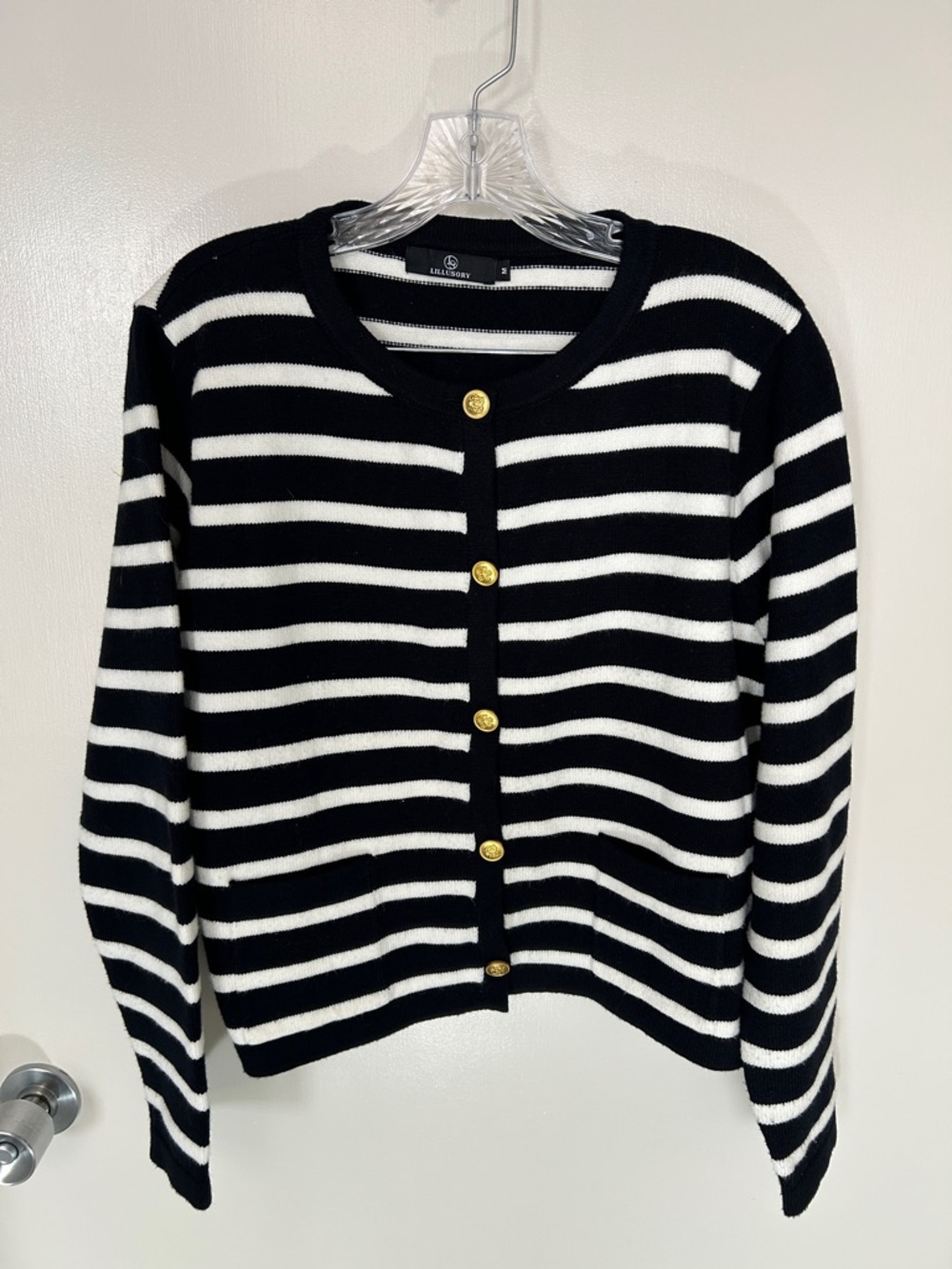 Striped Black and White Cardigan Sweater with Gold Buttons by Illusory, Medium
